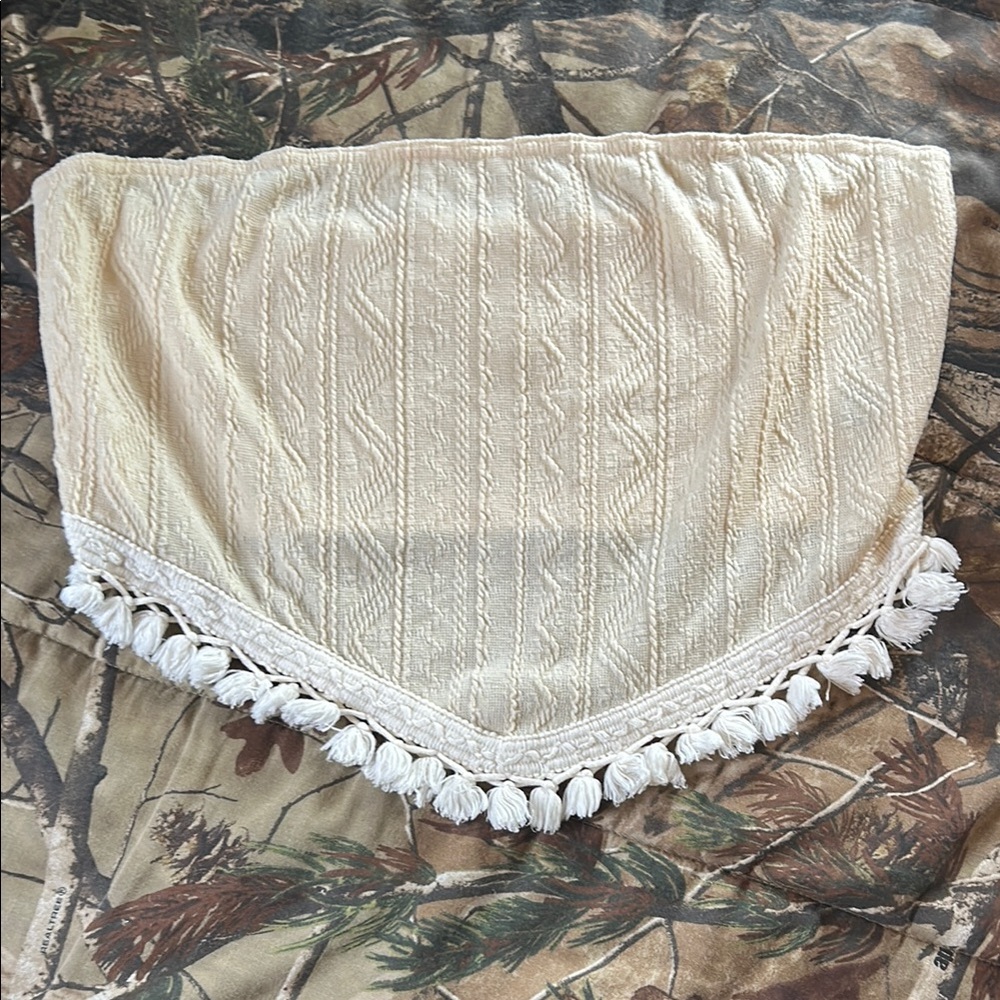 Cream Tassel Trimmed Strapless Top